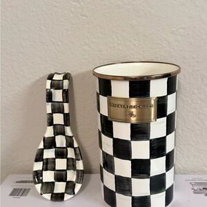 MacKenzie-Childs Black & White Check utensil Holder with spoon rest set